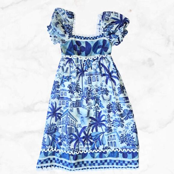 FARM RIO Sweet Rio Midi Dress Small Puff Sleeve Blue Tropical Graphic Print - Picture 11 of 13